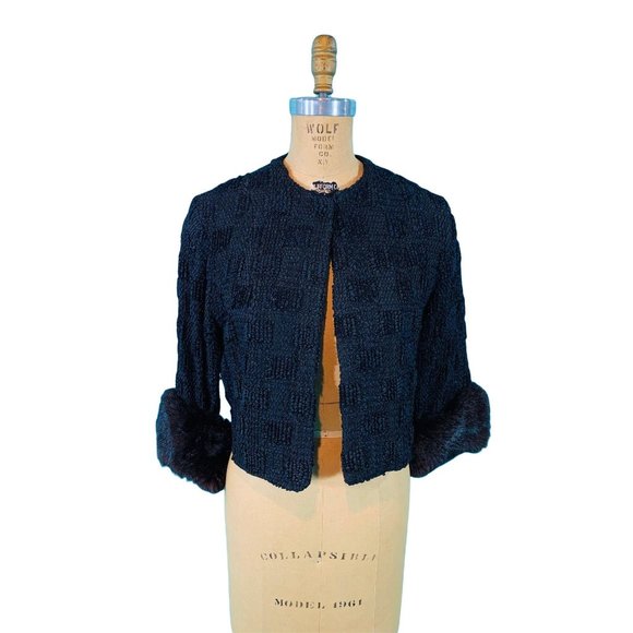 Vintage 50s Black Jacket Womens Small Ribbon Top Black Brown Fur Evening Top - Picture 1 of 10